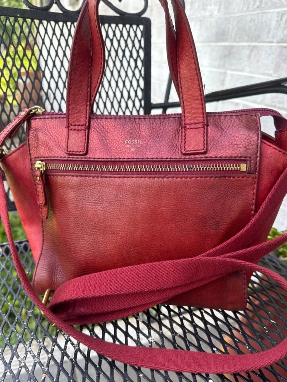 Fossil Leather Crosssbody Tote Bag Red Burgundy Colorblock Metallic Accent Purse